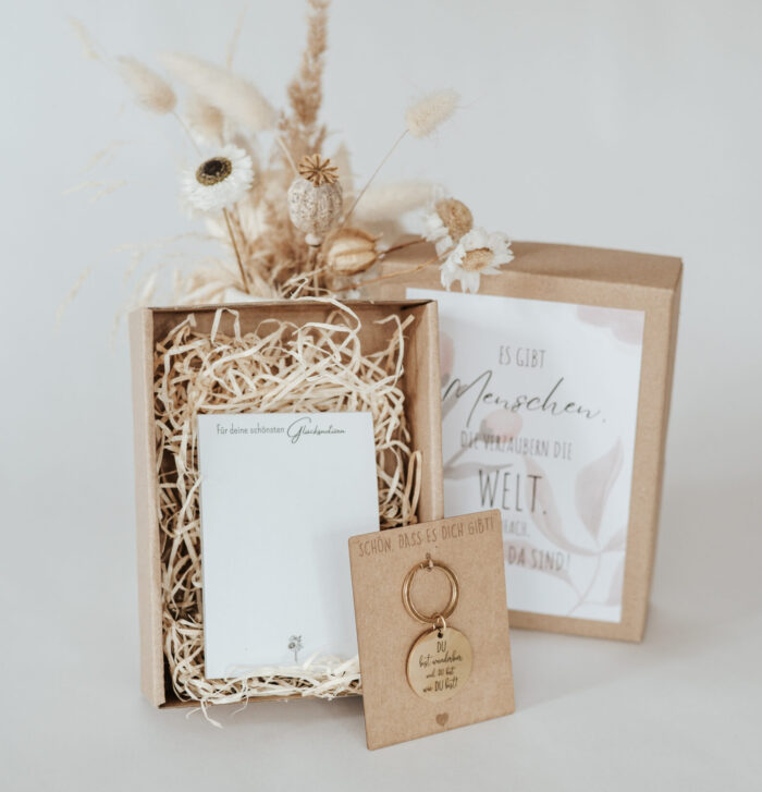 Geschenkbox mit Notizblock und Schlüsselanhänger