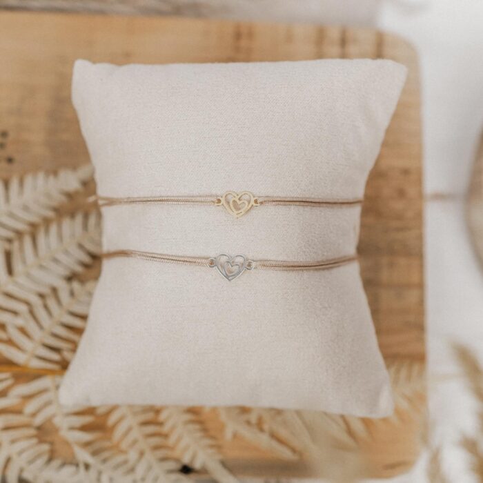 Armband Doppelherz aus 925 Sterling Silber Bandfarbe beige