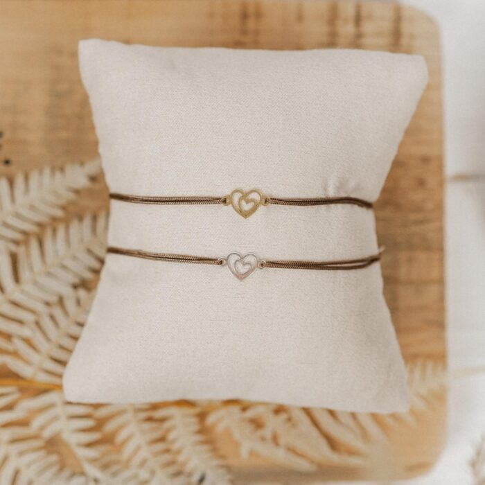 Armband Doppelherz aus 925 Sterling Silber Bandfarbe braun