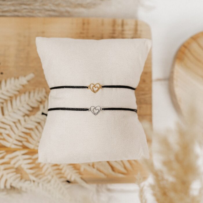 Armband Doppelherz aus 925 Sterling Silber Bandfarbe schwarz