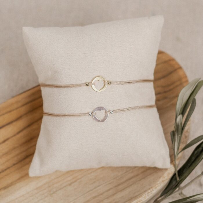 Armband Herz mit Perlen aus 925 Silber Bandfarbe beige
