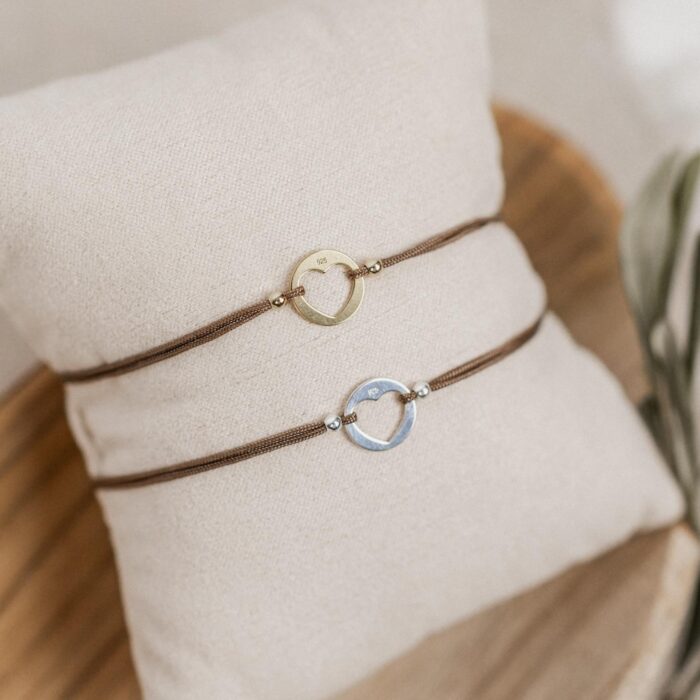 Armband Herz mit Perlen aus 925 Silber Bandfarbe braun